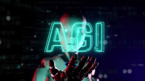 Artificial general intelligence title on Ai robot hand. Hologram effect with Stock Footage 304814614