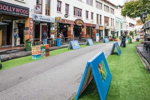 Artificial grass and barriers Foto stock