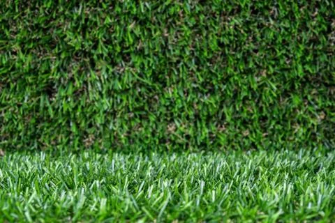 Artificial grass backdrop with selective focus. Stock Photos