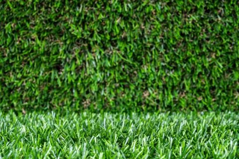 Artificial grass backdrop with selective focus. Stock Photos
