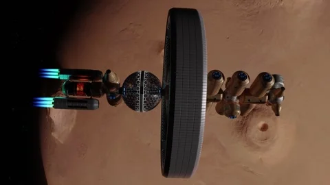 Artificial gravity colonial ship arriving in Mars orbit Stock Footage 251632333
