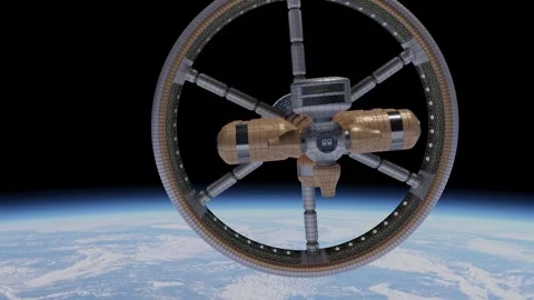 Artificial gravity space station flying over earth in orbit Vidéo 251632288