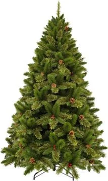 Artificial green Christmas tree with cones on white background Stock Photos