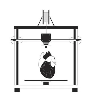 Artificial heart on 3d printer black and white 2D line cartoon object Illustrazione stock