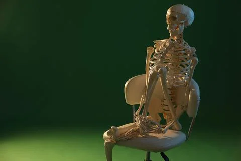 Artificial human skeleton model sitting on chair against green background, .. Stock Photos