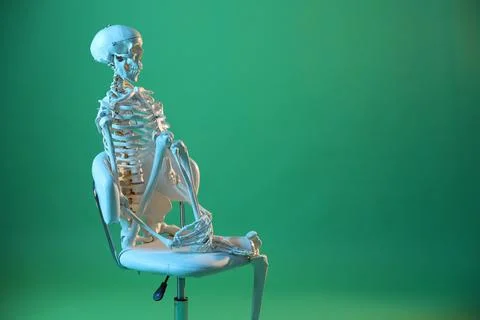 Artificial human skeleton model sitting on chair against green background, .. Stock Photos