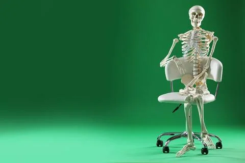 Artificial human skeleton model sitting on chair against green background, .. Stock Photos