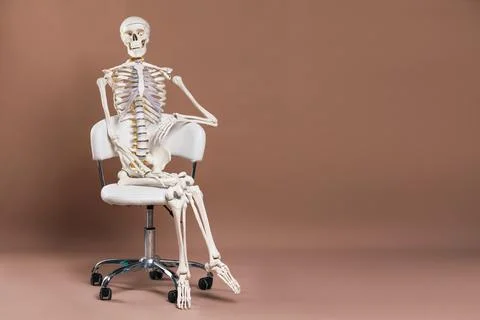 Artificial human skeleton model sitting on chair against light brown backgr.. Stock Photos