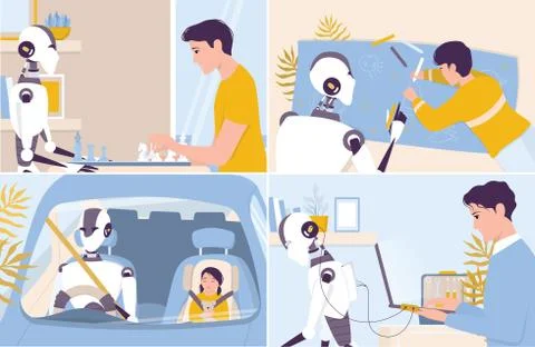 Artificial intelegence as a part of human routine. Domestic personal robot Stock Illustration