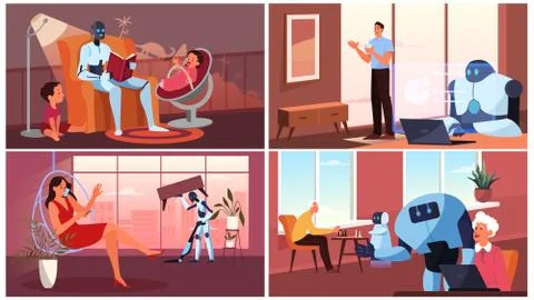 Artificial intelegence as a part of human routine. Domestic personal robot Stock Illustration