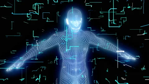 Artificial Intelligence 106: A Wireframe Man Rotates Inside A Complex Grid Stock Footage 135545527