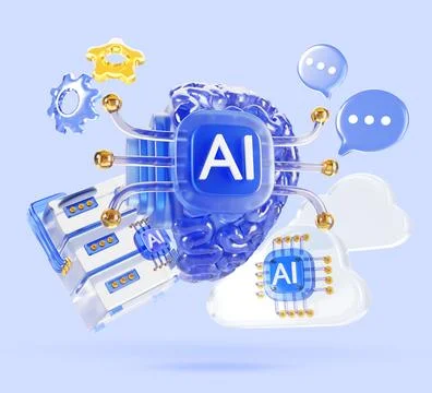 Artificial intelligence 3d blue background. Futuristic glass human brain with ai Stock Illustration