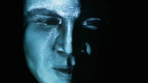 Artificial Intelligence: A 3D mesh is projected against translucent white head Stock Footage 103553327