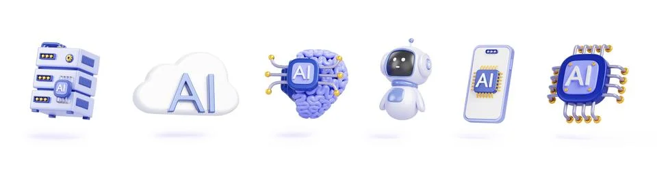 Artificial intelligence 3d render icon set. Chatbot robot, ai chip, brain, data Stock Illustration