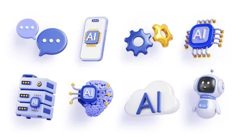 Artificial intelligence 3d render icon set. Chatbot robot, ai chip, brain, data Illustrazione stock