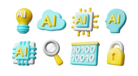 Artificial intelligence 3D vector icons set, AI technology circuit, magnifying 스톡 일러스트