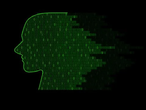 Artificial intelligence. Abstract human head with binary code. Technology bac Illustrazione stock