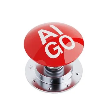 Artificial Intelligence Activation Concept. Red Push Start Button With AI G.. Illustrazione stock