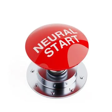 Artificial Intelligence Activation Concept. Red Push Start Button With Neur.. Illustrazione stock