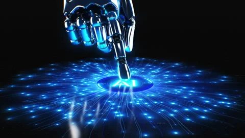 Artificial Intelligence Activation by Robot Hand on Digital Display. Neural Vídeos de archivo 306164012