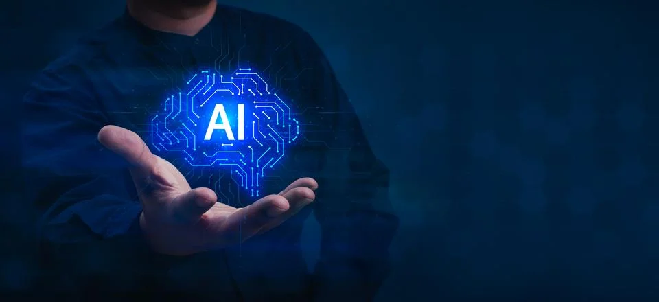 Artificial intelligence adoption and human AI collaboration concept. Digita.. Stock Photos
