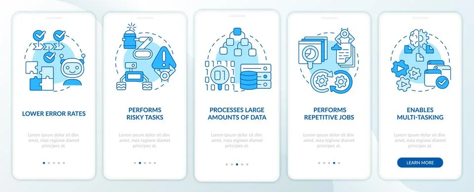 Artificial intelligence advantages blue onboarding mobile app screen Stock Illustration