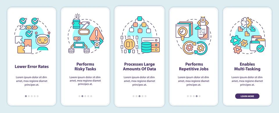 Artificial intelligence advantages onboarding mobile app screen Illustrazione stock