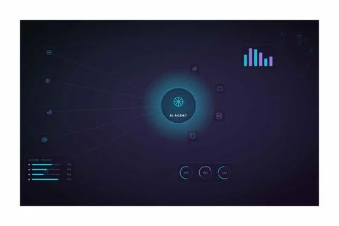 Artificial intelligence agent dashboard interface with glowing cyan network.. Stock Illustration