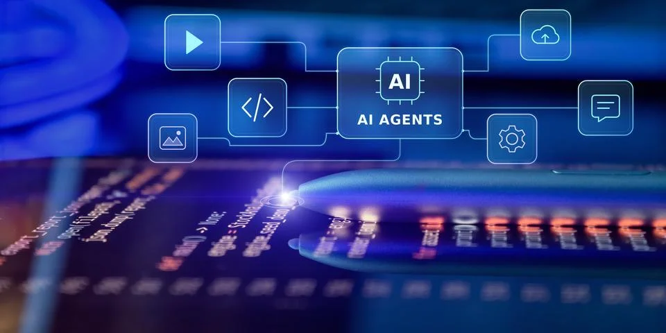 Artificial Intelligence Agent Ecosystem Connecting Programming, Media, Cloud  Stock Photos