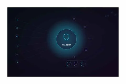 Artificial intelligence agent interface. Cybersecurity shield icon and neur.. Stock Illustration