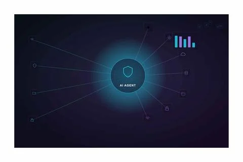Artificial intelligence agent network diagram showing a central hub linked .. Stock Illustration