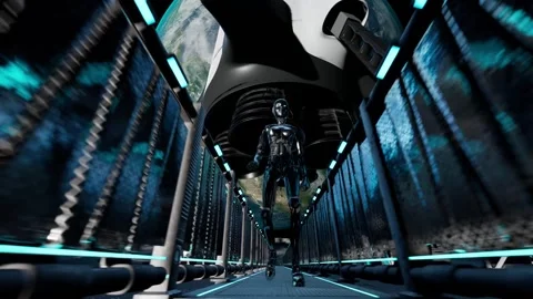 Artificial intelligence agent robot walking in space exploration with earth  Stock Footage 296037623