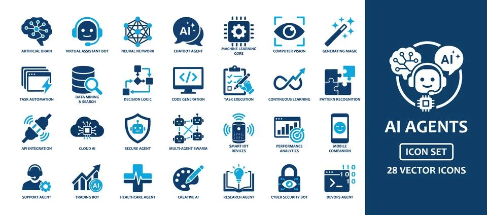 Artificial Intelligence Agents solid icon set. Featuring Virtual Assistant,.. Stock-Illustration