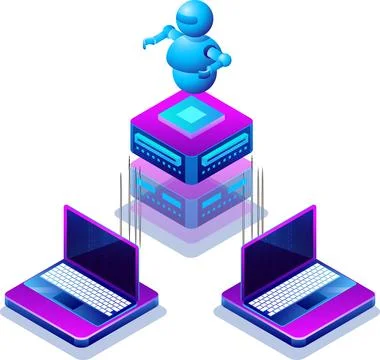 Artificial Intelligence (AI) 3D illustration of a robot on server, connecte.. Stock Illustration