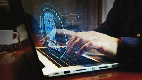 Artificial intelligence AI agent symbol and man typing keyboard Stock Footage 331984273