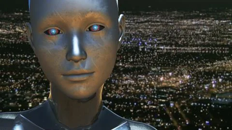 Artificial Intelligence AI Android City Power Outage Blackout Ilustração Stock