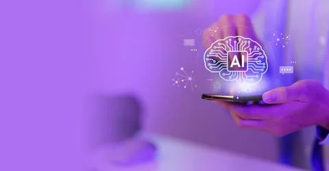 Artificial intelligence AI brain concept with hands holding smartphone and copy Stock Photos