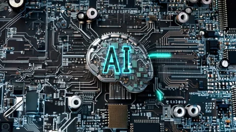 Artificial Intelligence AI brain microchip on circuit board with neural network Stockbeeldmateriaal 245946996