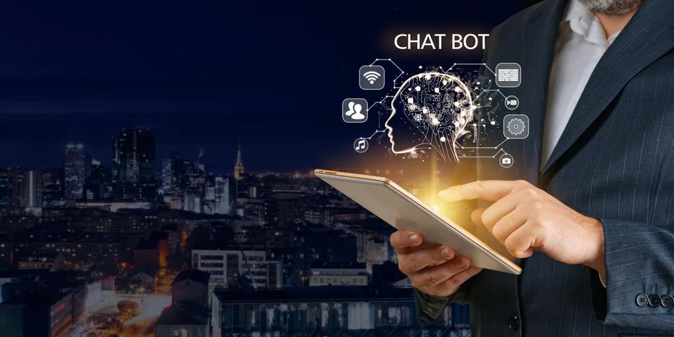 Artificial intelligence, AI chat bot concept. Businessman hands using tablet. ai 库存照片