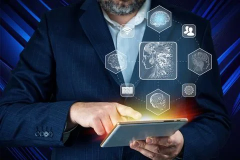 Artificial intelligence, AI chat bot concept. Businessman hands using tablet. ai Stockfoto's