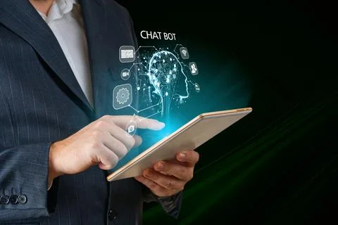 Artificial intelligence, AI chat bot concept. Businessman hands using tablet. ai Stock Photos