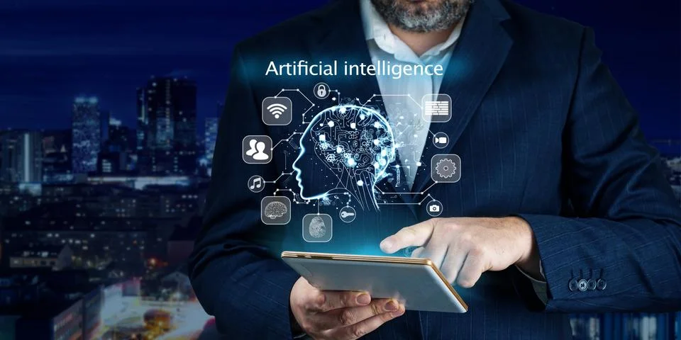 Artificial intelligence, AI chat bot concept. Businessman hands using tablet. ai 库存照片