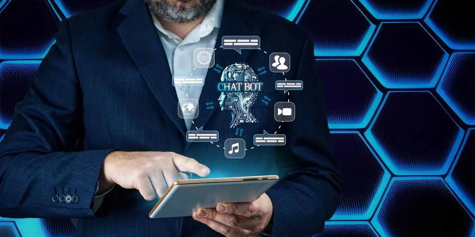 Artificial intelligence, AI chat bot concept. Businessman hands using tablet. ai 스톡 사진