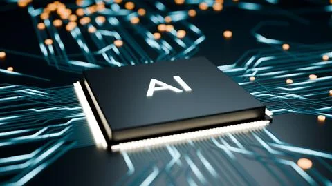 Artificial intelligence AI chip on circuit board with glowing data traces Stock Illustration