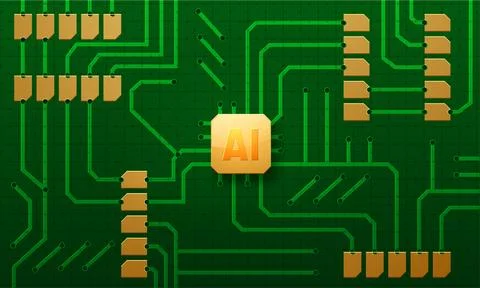 An artificial intelligence (AI) chip is inserted in a computer circuit boar.. Illustrazione stock