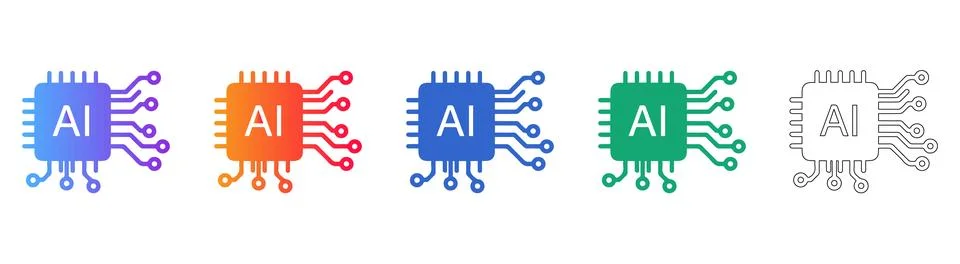 Artificial Intelligence AI Chip Processor Icons Set for Technology Stock Illustration