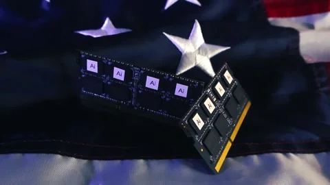 Artificial intelligence AI chips on American flag, technological competition Stock Footage 338328025