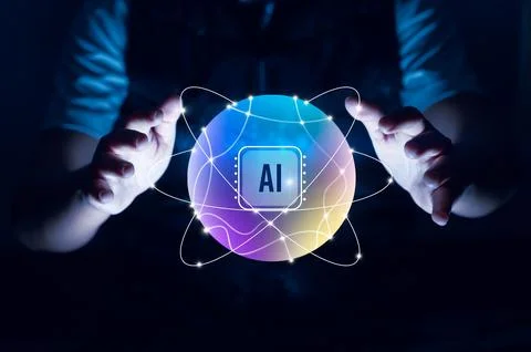 Artificial Intelligence (AI) concept with a glowing digital sphere and futu.. 스톡 일러스트