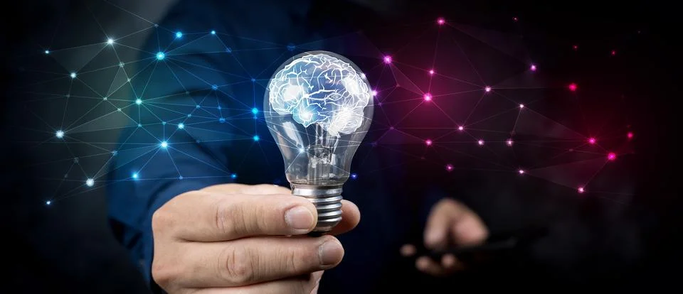 Artificial intelligence (AI) concept. Hand hold brain with shining wireframe. Stock Photos