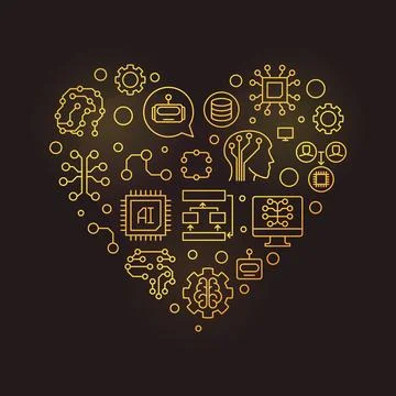 Artificial Intelligence AI concept heart shaped thin line golden banner or .. Stockillustratie